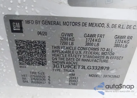 2020 GMC Sierra K1500 Elevation from USA, damaged, VIN 3GTU9CET3LG332879